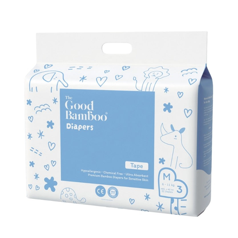 Bamboo Diapers - MEDIUM Size (6-11 Kgs) - Tape Style - 32 Diapers